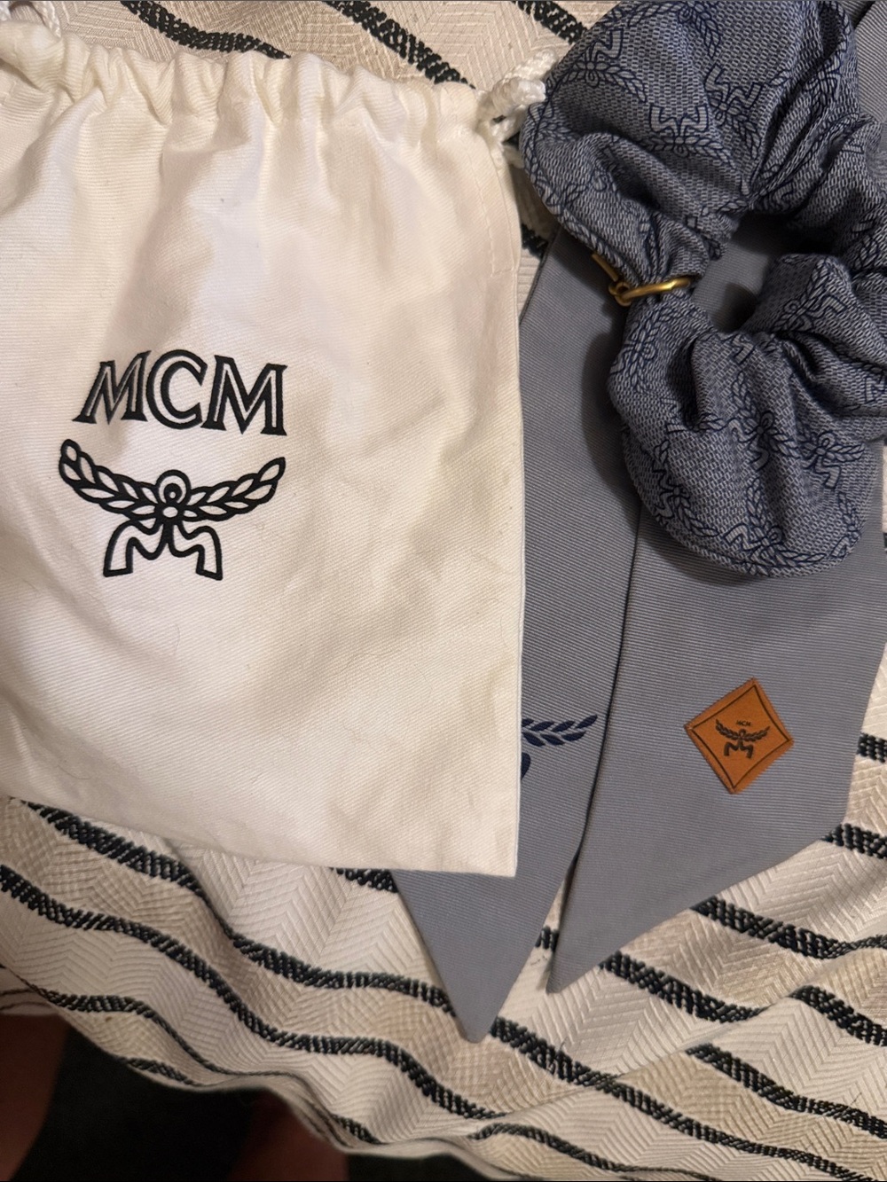 MCM Light Blue Monogram Scarf and Scrunchie Set with Gold Charm - Picture 6 of 7